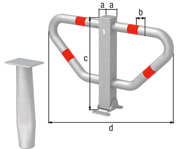 Alberts® Parkplatzbügel Stoppy I umlegb.,Dreik.,fvz.,4 rote Ringe,z.Einb.,B750mm 770136
