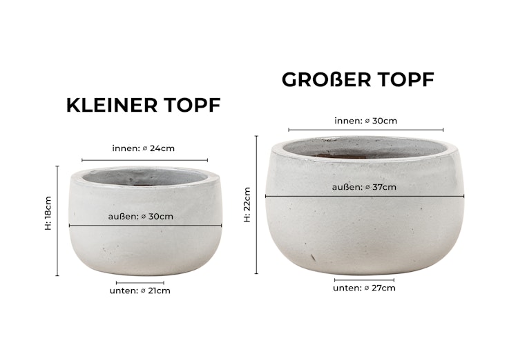 Vosteen Design Blumentopf Terrakotta weiss 2er Set ø 30 cm x H 18 cm, 37 cm x H 22 cm
