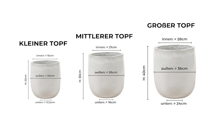 Vosteen Design Blumentopf /  Pflanzgefäß Terrakotta weiß 3er Set ø 20 cm x H 22 cm, 26 cm x H 30 cm, 36 cm x H 40 cm