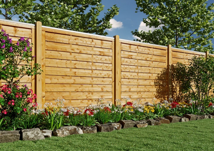 T&J SUNLINE-Serie Dichtzaun stabil, 180 x 180 cm, pinienfarbig lasiert, Rahmen 45/90 mm, Lamelle 8/95 mm glatt 