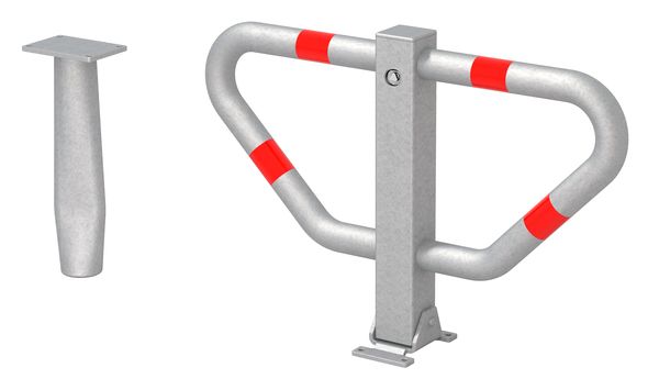 Alberts® Parkplatzbügel Stoppy I umlegb.,Dreik.,fvz.,4 rote Ringe,z.Einb.,B750mm 770136