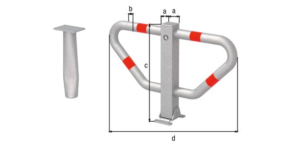 Alberts® Parkplatzbügel Stoppy I umlegb.,Dreik.,fvz.,4 rote Ringe,z.Einb.,B750mm 770136