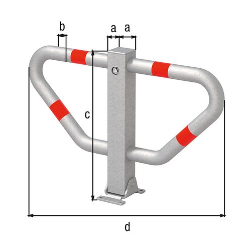 Alberts® Parkplatzbügel Stoppy I umlegb.,Dreik.,fvz.,4 rote Ringe,z.Aufschr.,B750mm 770150