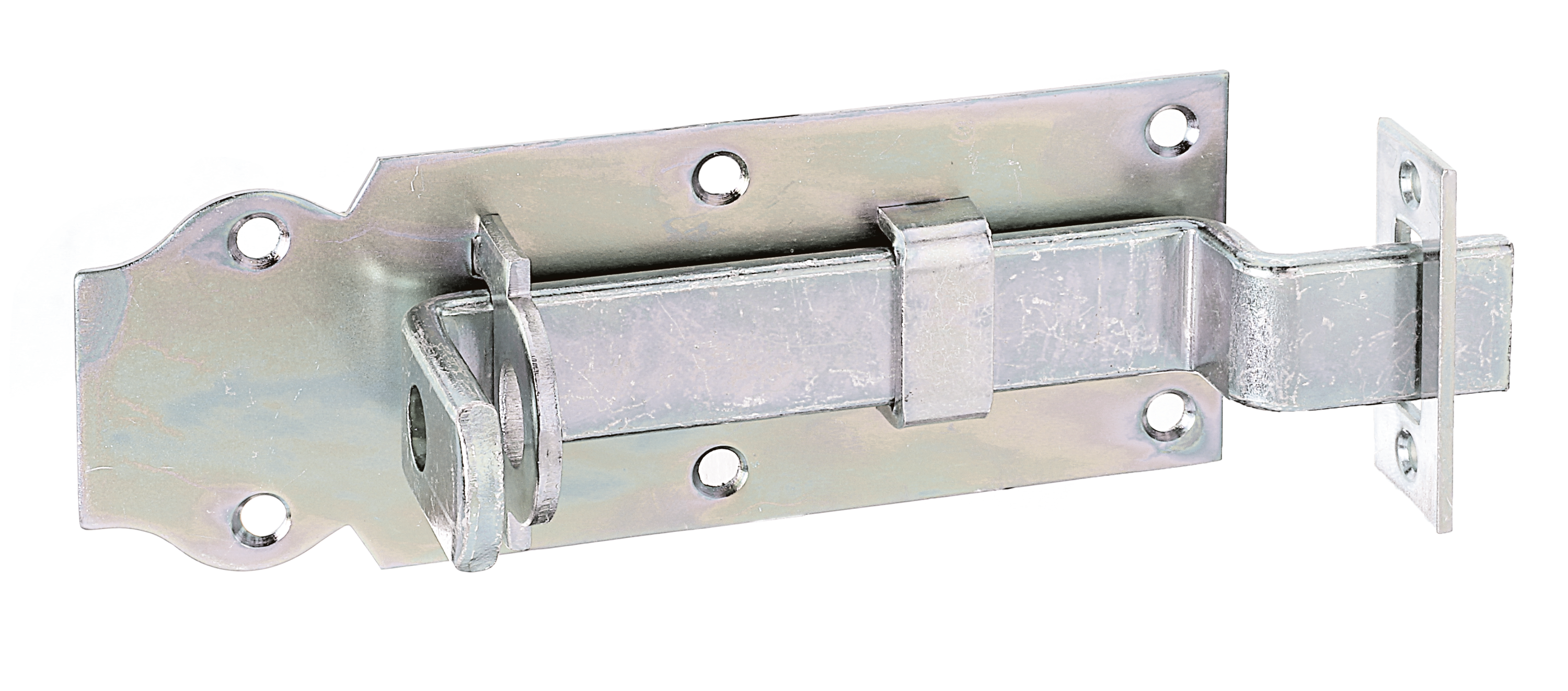 Alberts® Schlossriegel, flacher Griff, gekröpft, m. Schließblech, galvanisch verzinkt dickschichtpassiviert, Platte LxB140x52mm 117047