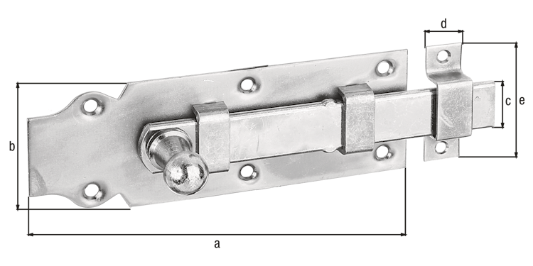 Alberts® Türriegel, mit Knopf, gerade, mit Schlaufe, galvanisch verzinkt dickschichtpassiviert,Platte LxB160x56 mm 115418