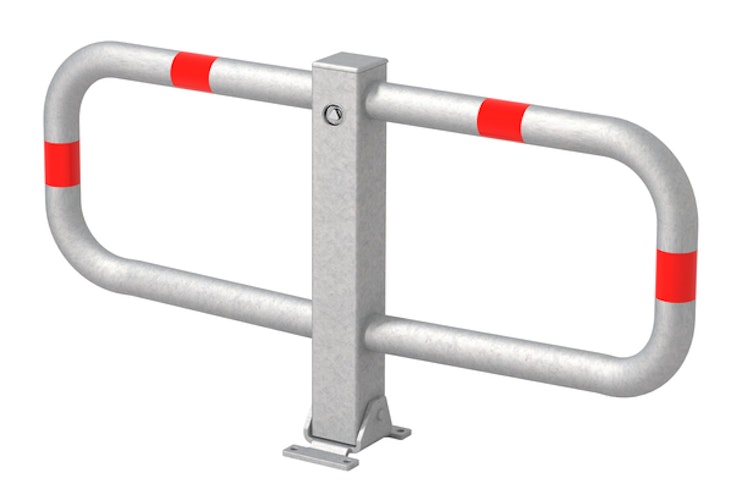 Alberts® Parkplatzbügel Stoppy I umlegb.,Dreik.,fvz.,4 rote Ringe,z.Aufschr.,B950mm 770075